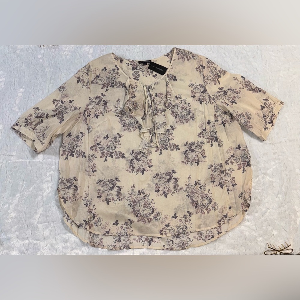 Lane Bryant Cream Blouse with Mauve Floral Ruffle Tie Front